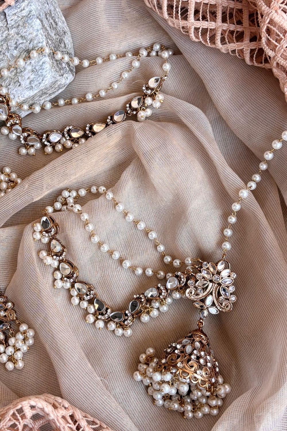 Antique White Jhumki Tikka Bridal Jewellery Set Online in Dubai UAE Abudhabi Ajman Sharjah