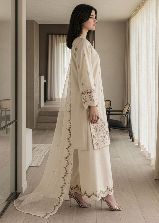 Antique White Lawn Cotton Pakistani Designer Suit Online in UK USA Canada