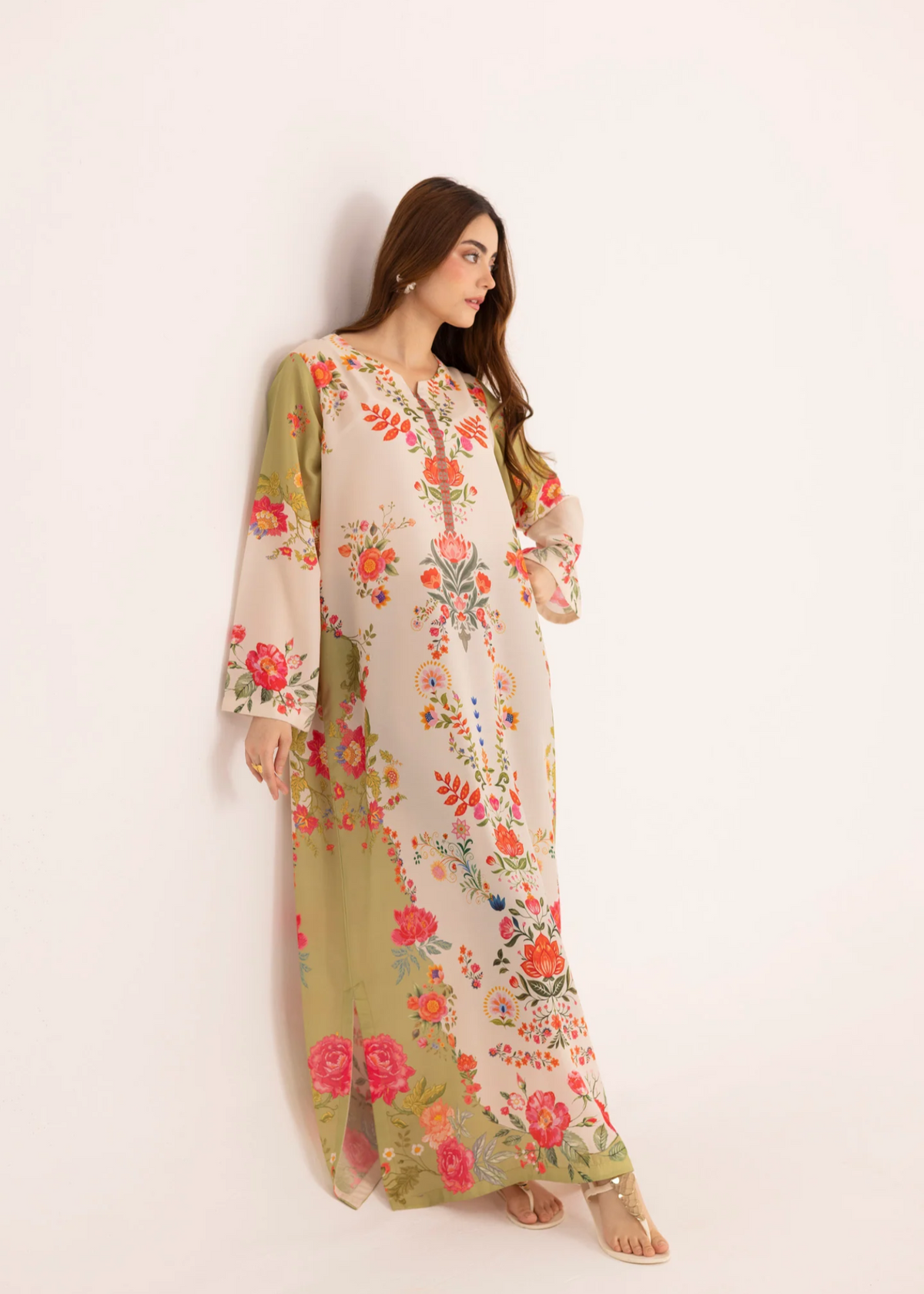 Antique White Printed Silk Finish Lawn Kaftan Online in Dubai DXB UAE Abudhabi Meena Bazaar