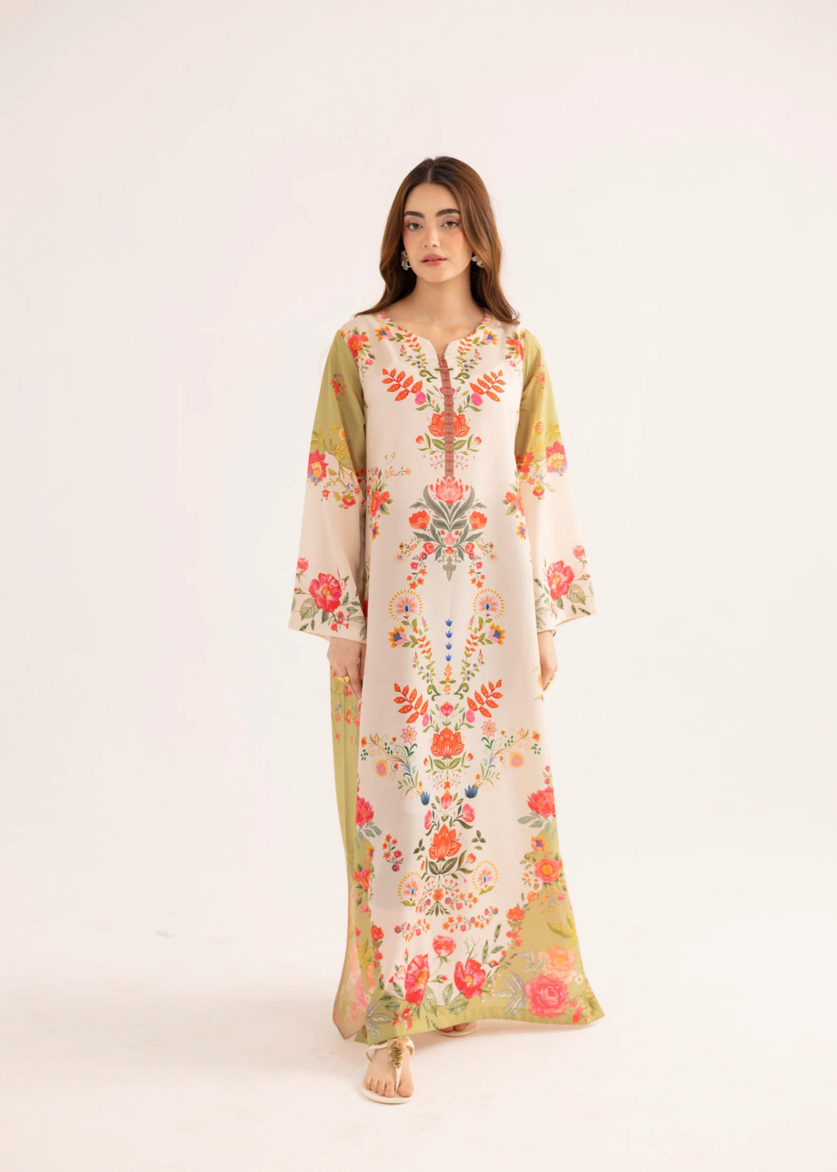 Antique White Sublimation Printed Silk Lawn Kaftan Online in KSA Riyadh Saudi Arabia Oman Bahrain Qatar