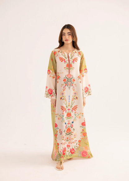 Antique White Sublimation Printed Silk Lawn Kaftan Online in KSA Riyadh Saudi Arabia Oman Bahrain Qatar