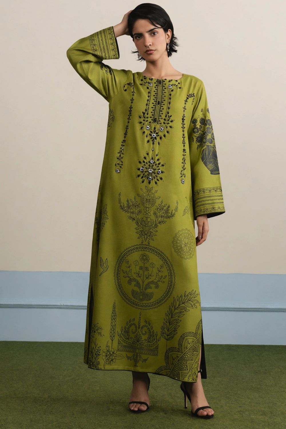 Apple Green Embellished Dhanak Kaftan Online in Dubai UAE Abudhabi Ajman Sharjah