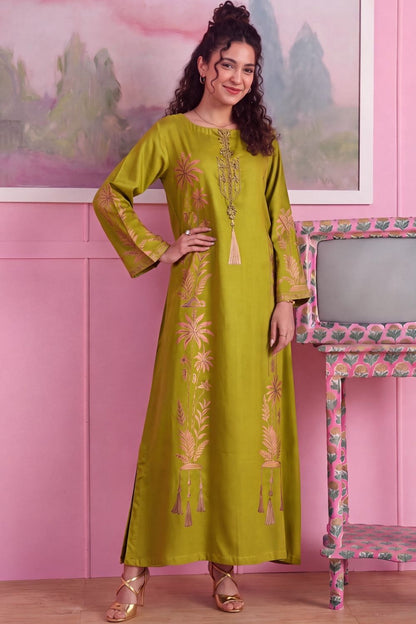 Apple Green Embellished Linen Kaftan Online in Dubai UAE Abudhabi Ajman Sharjah