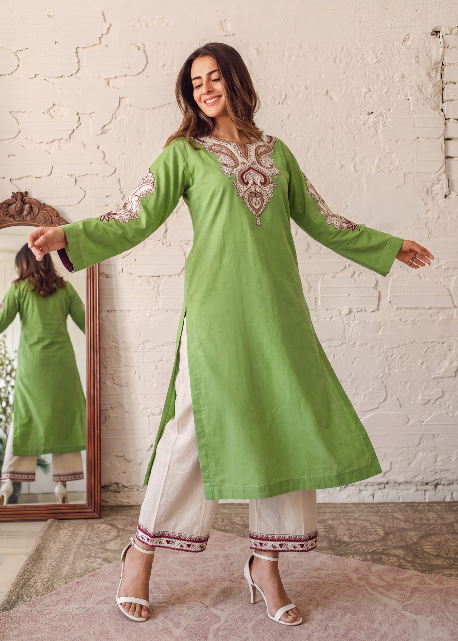 Apple Green Embroidered 2 Piece Lawn Suit Online in Dubai DXB UAE Abudhabi Meena Bazaar