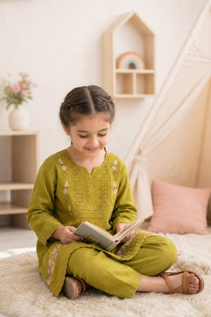 Apple Green Embroidered Cotton Kurta Set for Girls Online in Dubai UAE Abudhabi Ajman Sharjah