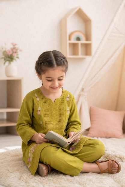 Apple Green Embroidered Cotton Kurta Set for Girls Online in Dubai UAE Abudhabi Ajman Sharjah