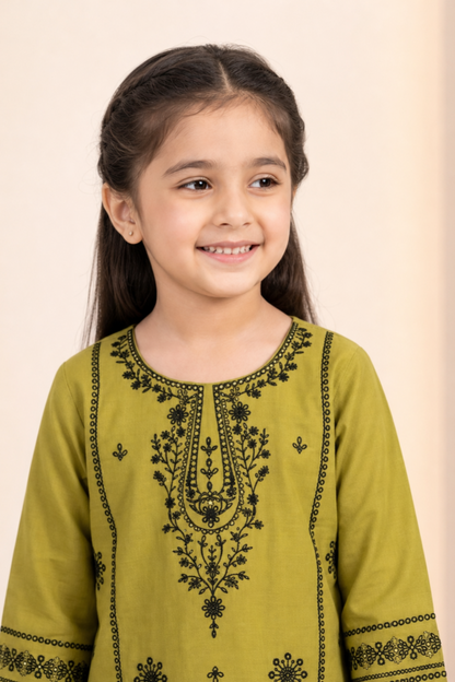 Apple Green Embroidered Cotton Kurta Set for Girls Online in Dubai UAE Abudhabi Ajman Sharjah