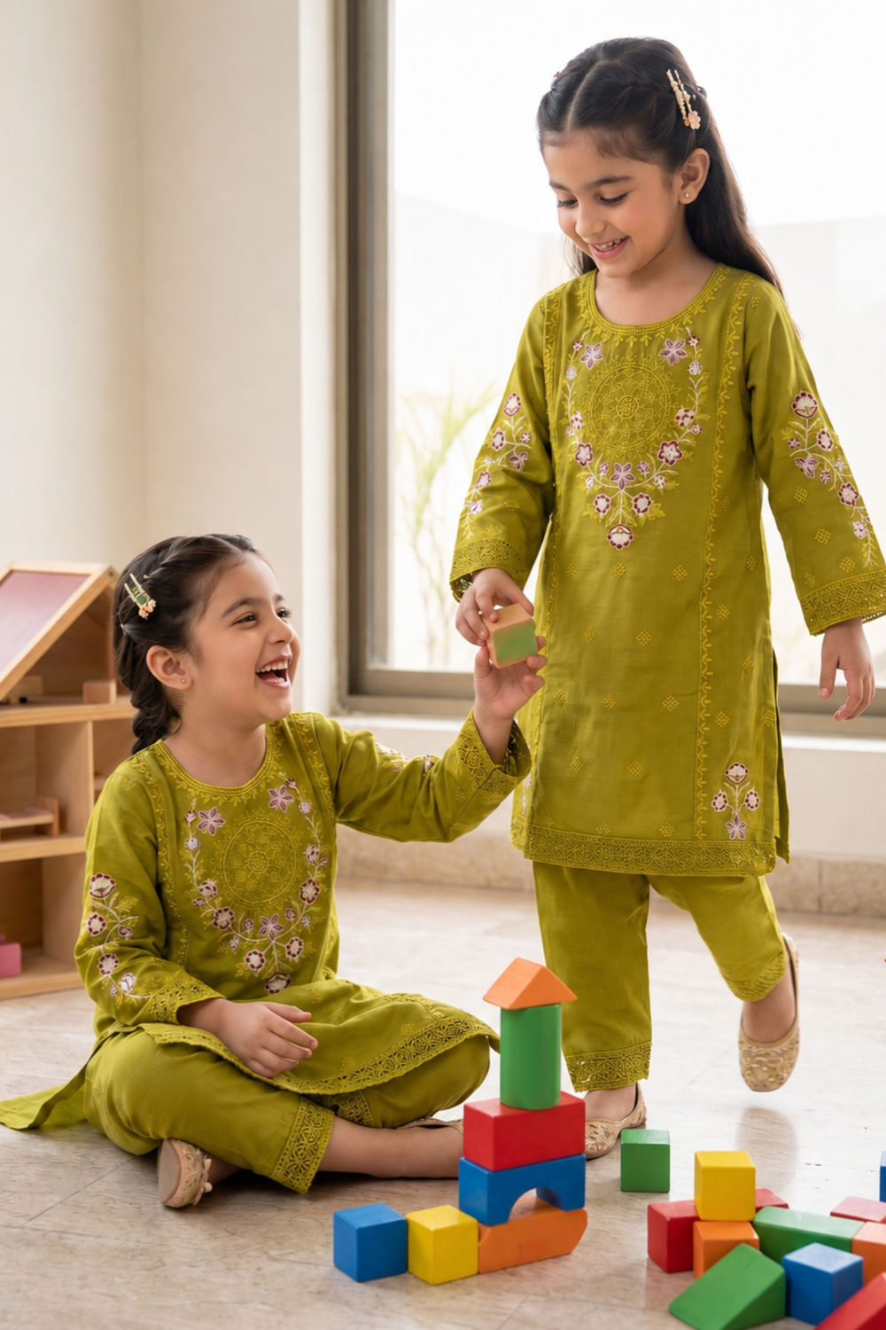 Apple Green Embroidered Cotton Kurta Set Online in Dubai UAE Abudhabi Ajman Sharjah