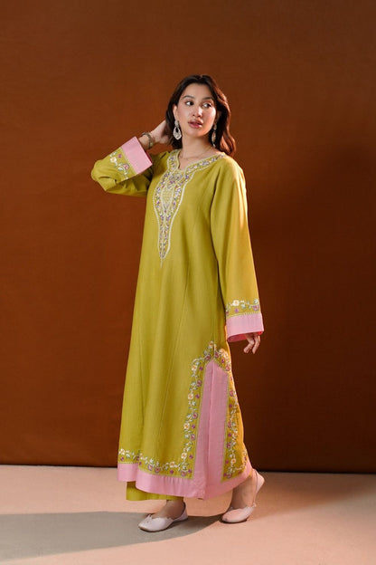 Apple Green Embroidered Slub Khaddar Kurta Set Online in Dubai UAE Abudhabi Ajman Sharjah