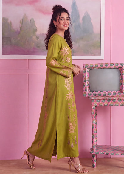 Apple Green Linen Kaftan with Embellished Work Online in Dubai UAE Abudhabi Ajman Sharjah