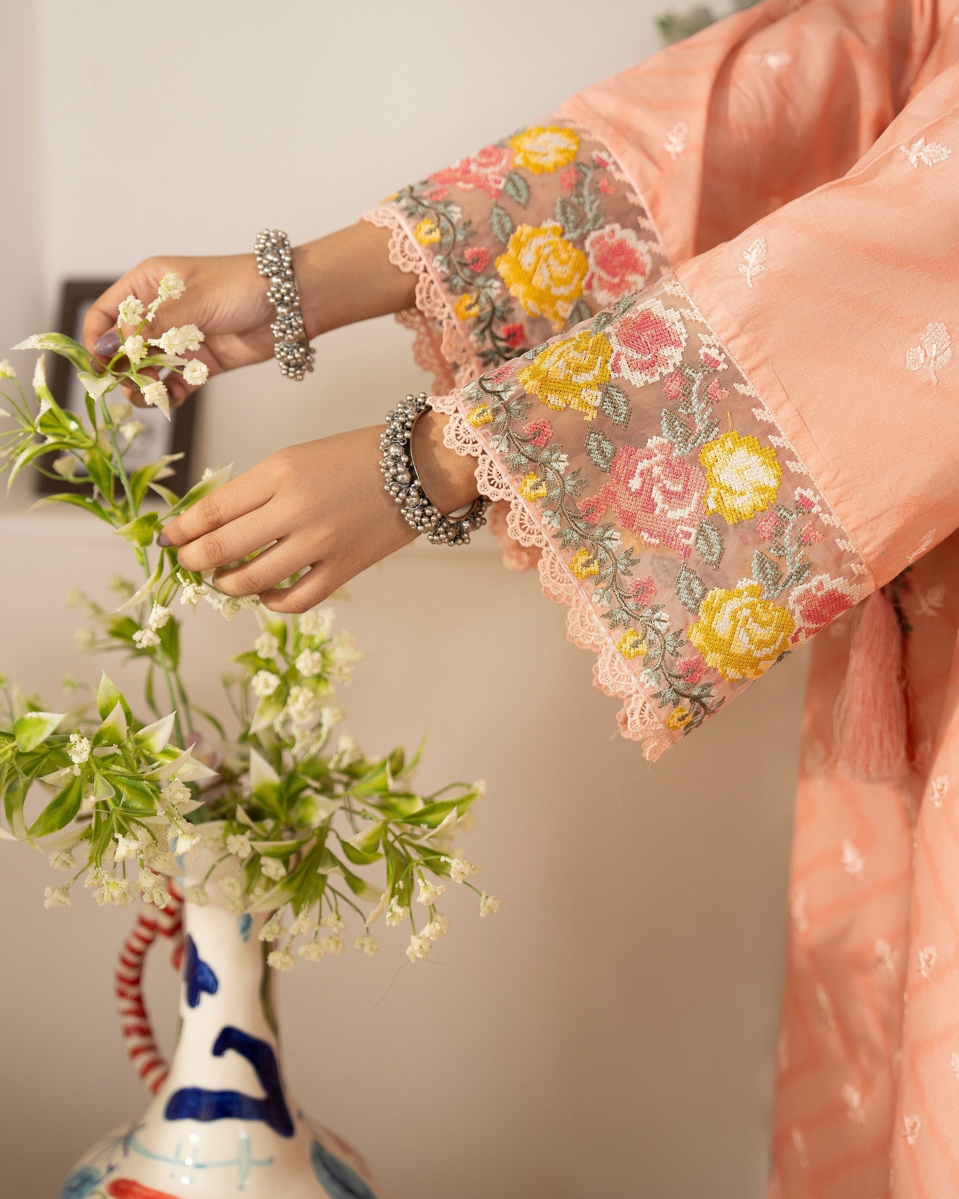 Apricot Embroidered Lawn Pakistani Farshi Shalwar Online in KSA Riyadh Saudi Arabia Oman Bahrain Qatar