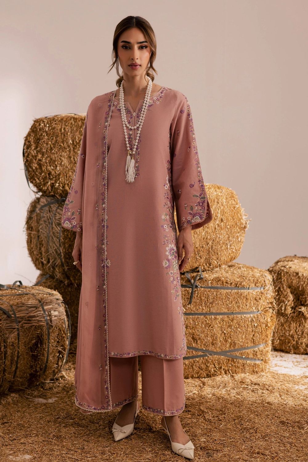 Apricot Orange Embroidered Lawn Cotton Pakistani Suit Online in Dubai UAE Abudhabi Ajman Sharjah