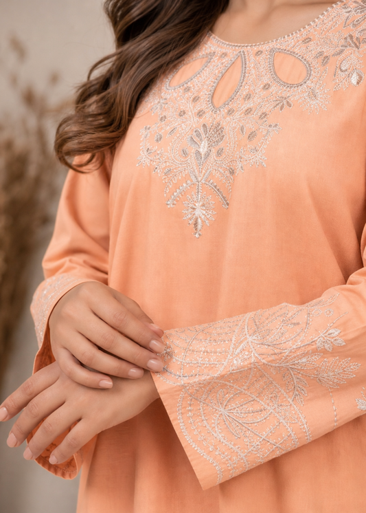 Apricot Orange Embroidered Lawn Dress Material Online in Sri Lanka India Australia