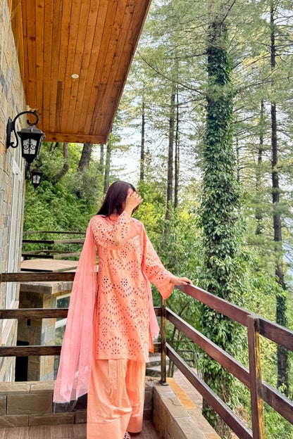 Apricot Orange Embroidered Lawn Farshi Shalwar Suit Online in Dubai UAE Abudhabi Ajman Sharjah