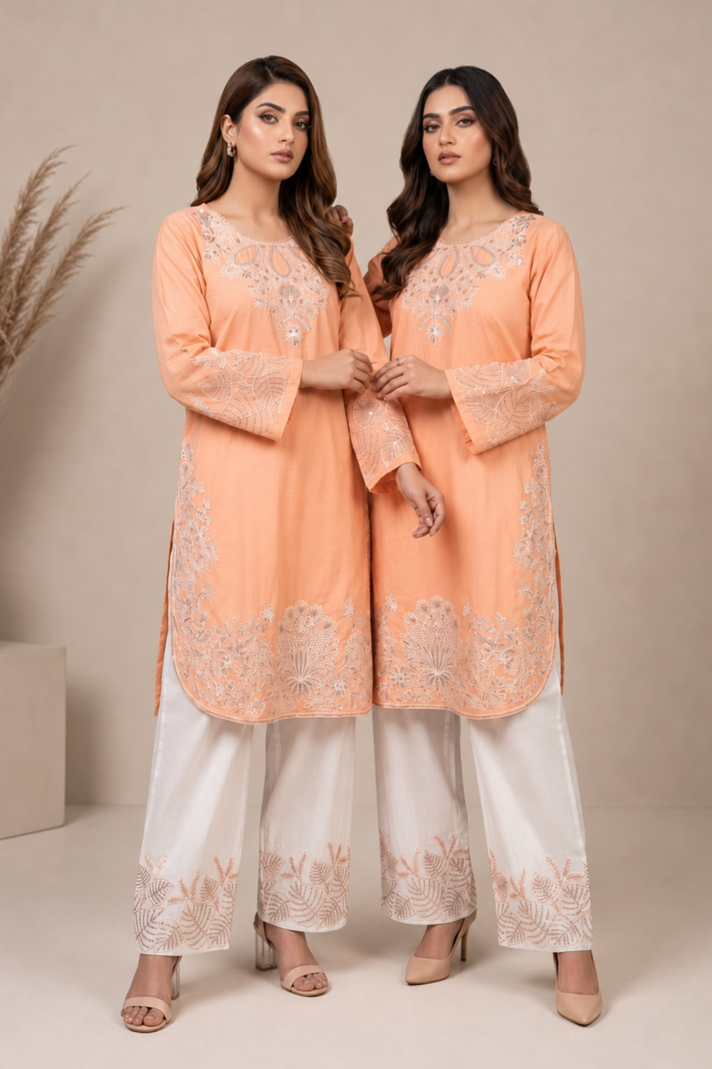 Apricot Orange Embroidered Lawn Salwar Kameez Online in Dubai UAE Abudhabi Ajman Sharjah