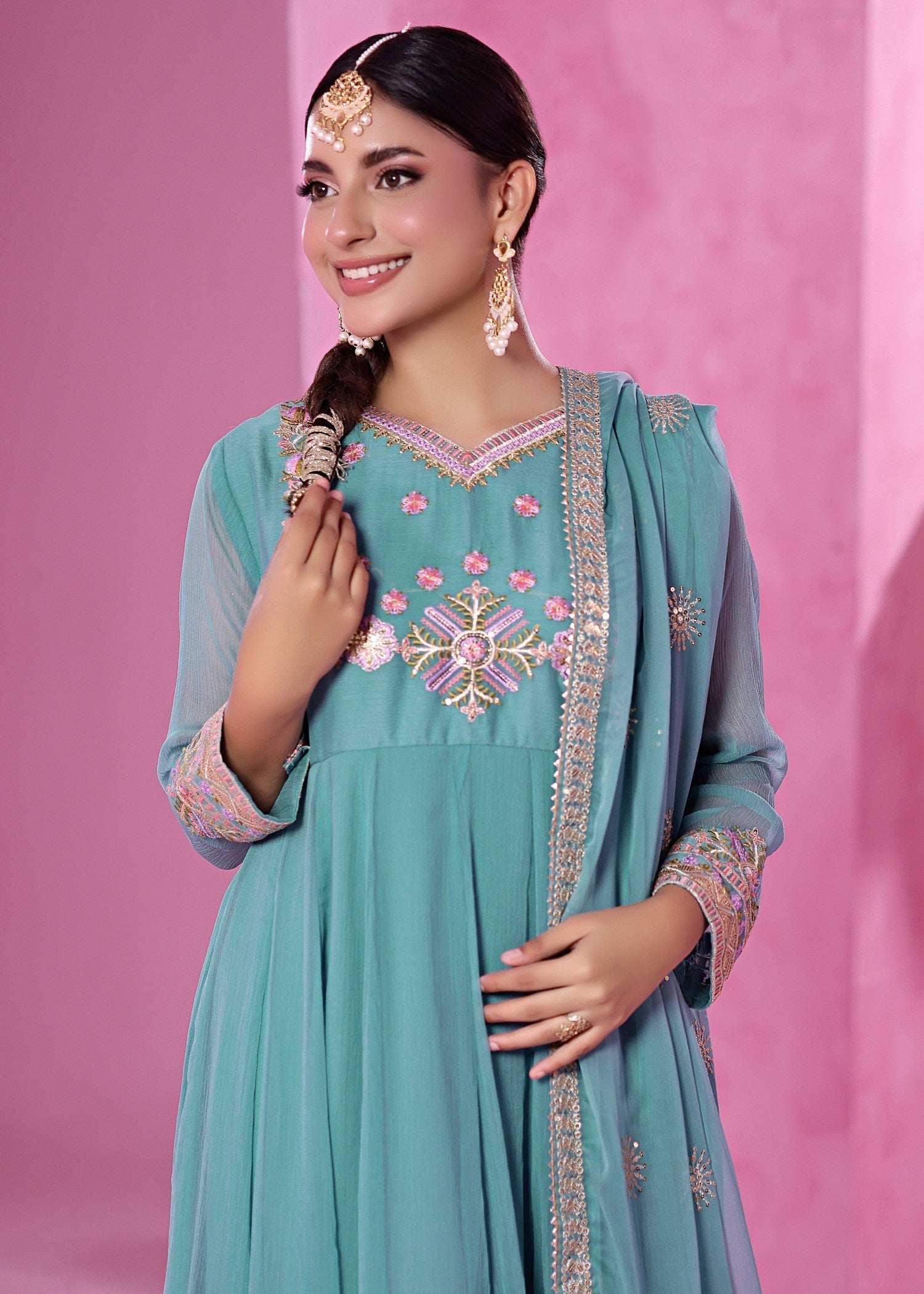 Aqua Embellished Chiffon Pakistani Suit Online in Dubai DXB UAE Abudhabi Meena Bazaar