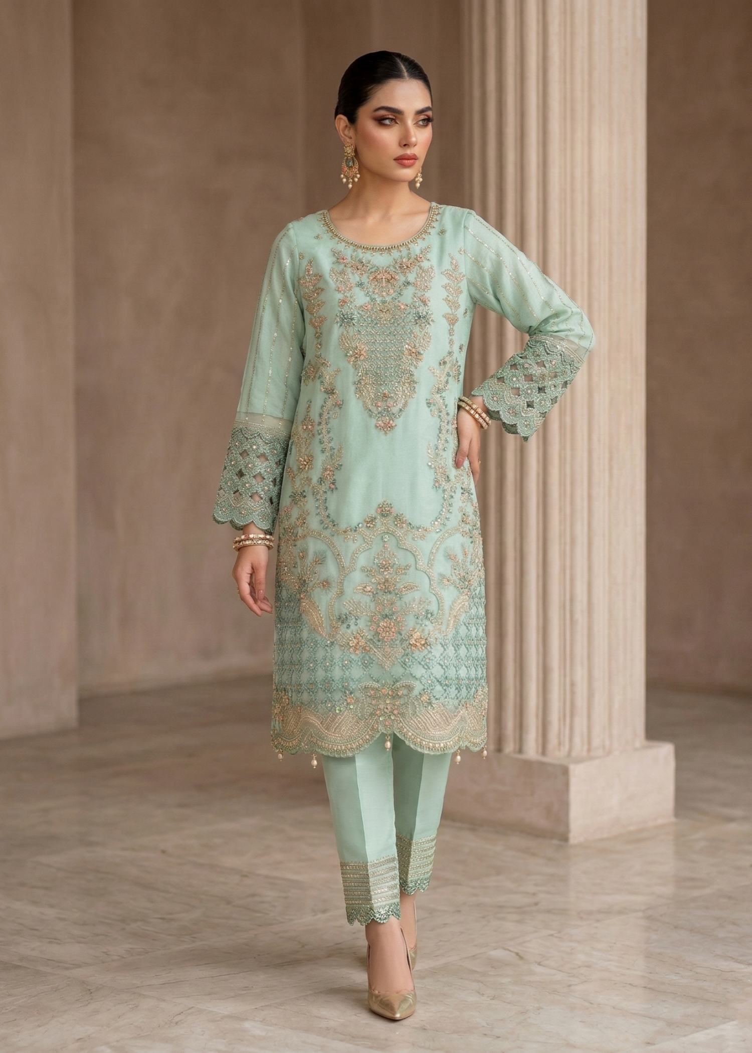 Aqua Embellished Organza Party Wear Dress Online in Sri Lanka India Australia