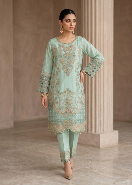 Aqua Embellished Organza Party Wear Dress Online in Sri Lanka India Australia