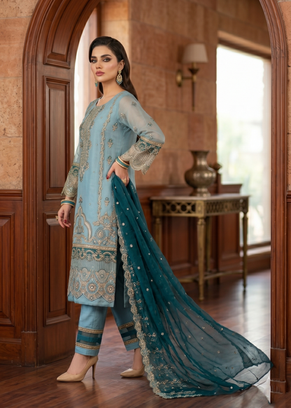 Aqua Embellished Organza Three Piece Suit Online in Sri Lanka India Australia