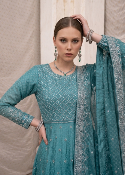 Aqua Embroidered Chiffon Ladies Suit Online in UK USA Canada