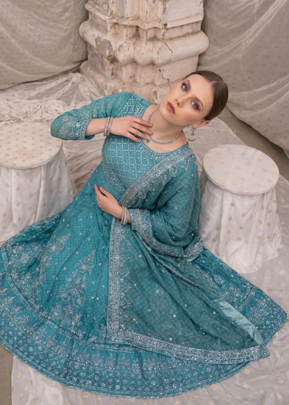 Aqua Embroidered Chiffon Pakistani Suit Online in Dubai DXB UAE Abudhabi Meena Bazaar