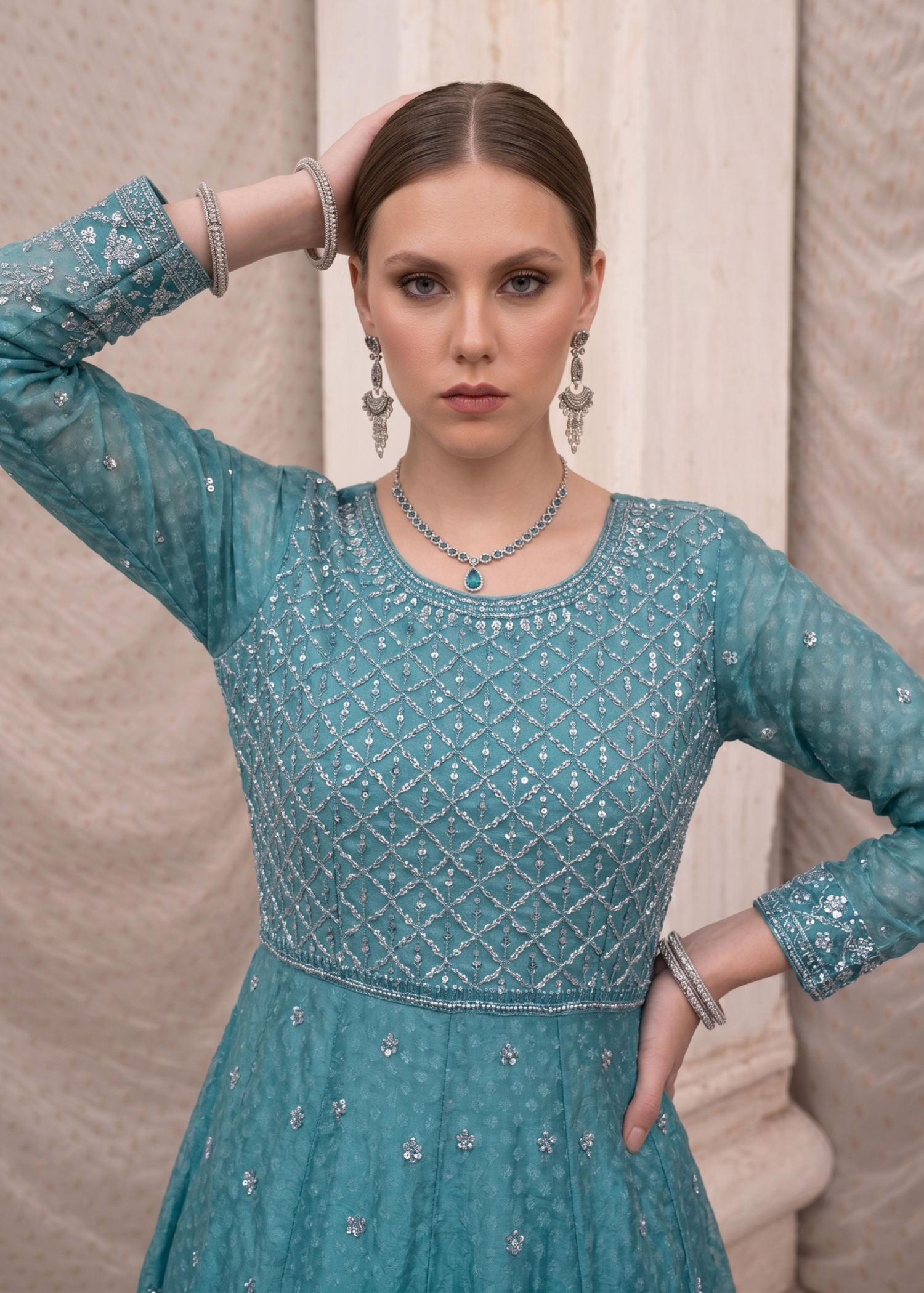 Aqua Embroidered Festive Suit Online in Dubai UAE Abudhabi Ajman Sharjah
