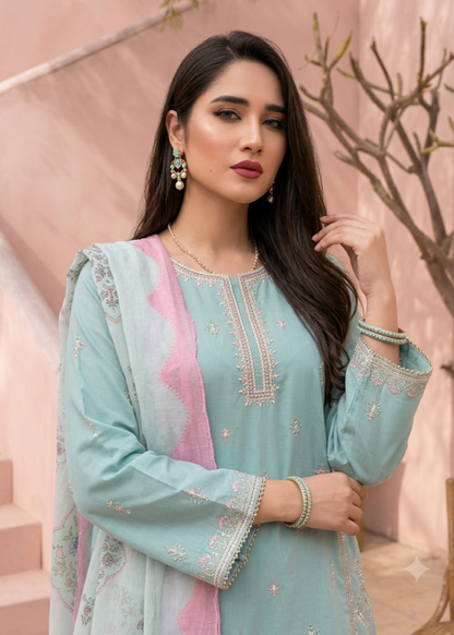 Aqua Embroidered Lawn Festive Suit Online in Sri Lanka India Australia
