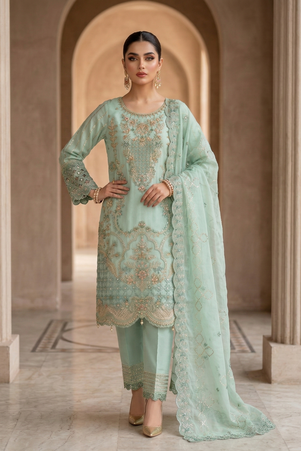 Aqua Embroidered Organza Festive Wear Suit Online in Dubai UAE Abudhabi Ajman Sharjah