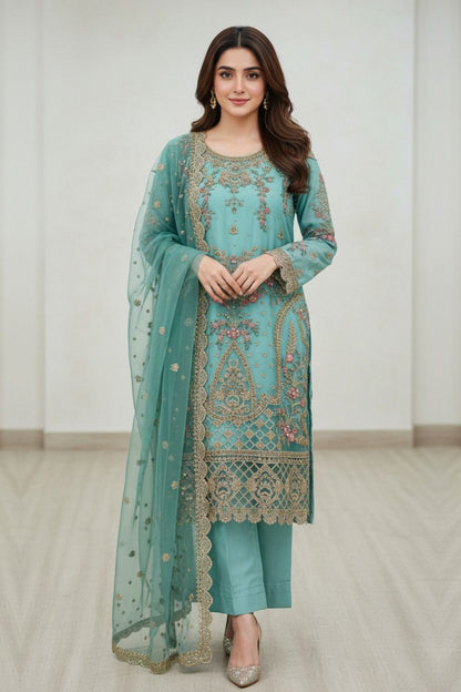 Aqua Embroidered Organza Partywear Suit Online in Dubai UAE Abudhabi Ajman Sharjah