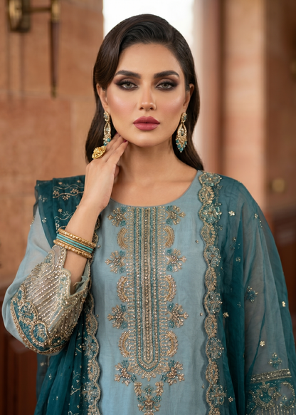 Aqua Embroidered Organza Three Piece Dress Material Online in Sri Lanka India Australia
