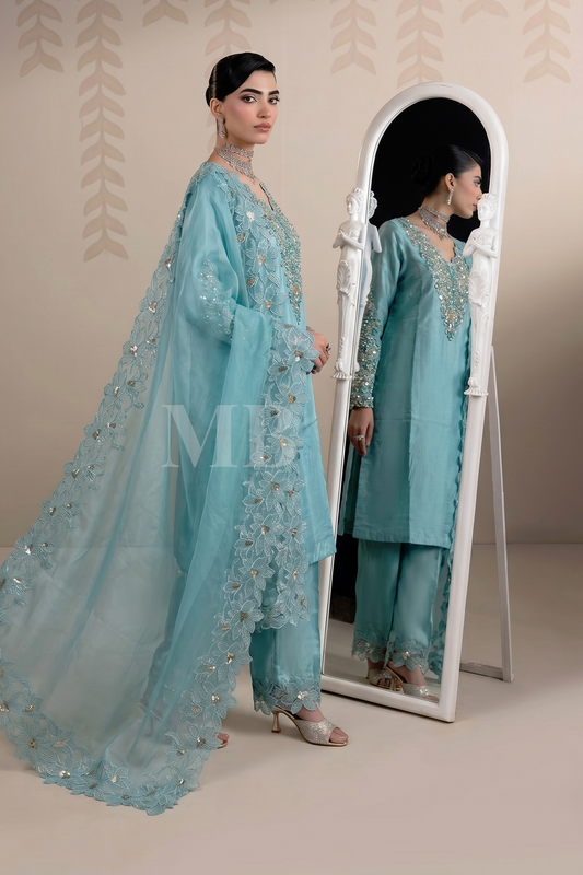 Aqua Hand Embellished Raw Silk Partywear Suit Online in Dubai UAE Abudhabi Ajman Sharjah