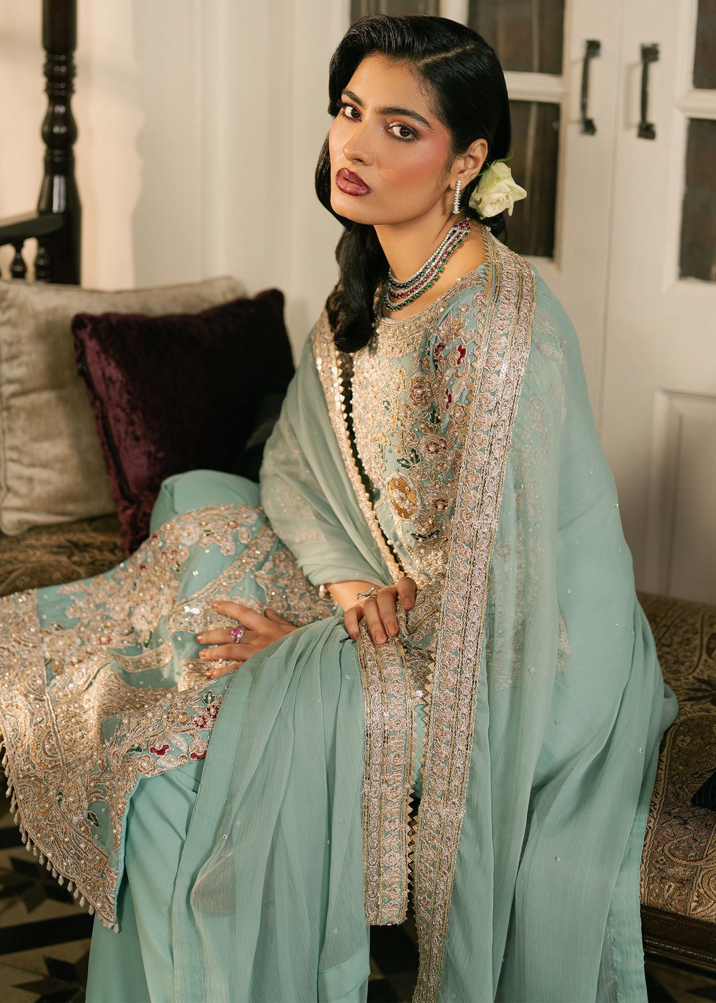 Aqua Mint Embroidered Chiffon Salwar Kameez Online in UK USA Canada