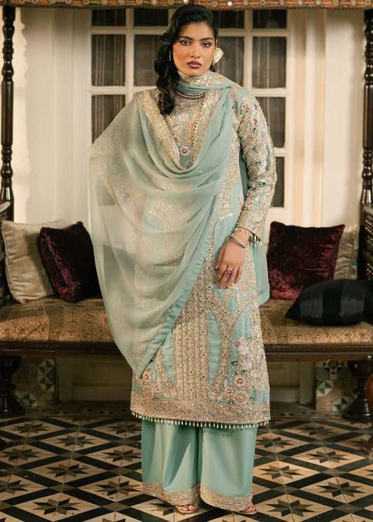 Aqua Silver Embroidered Pakistani Designer Suit Online in KSA Riyadh Saudi Arabia Oman Bahrain Qatar