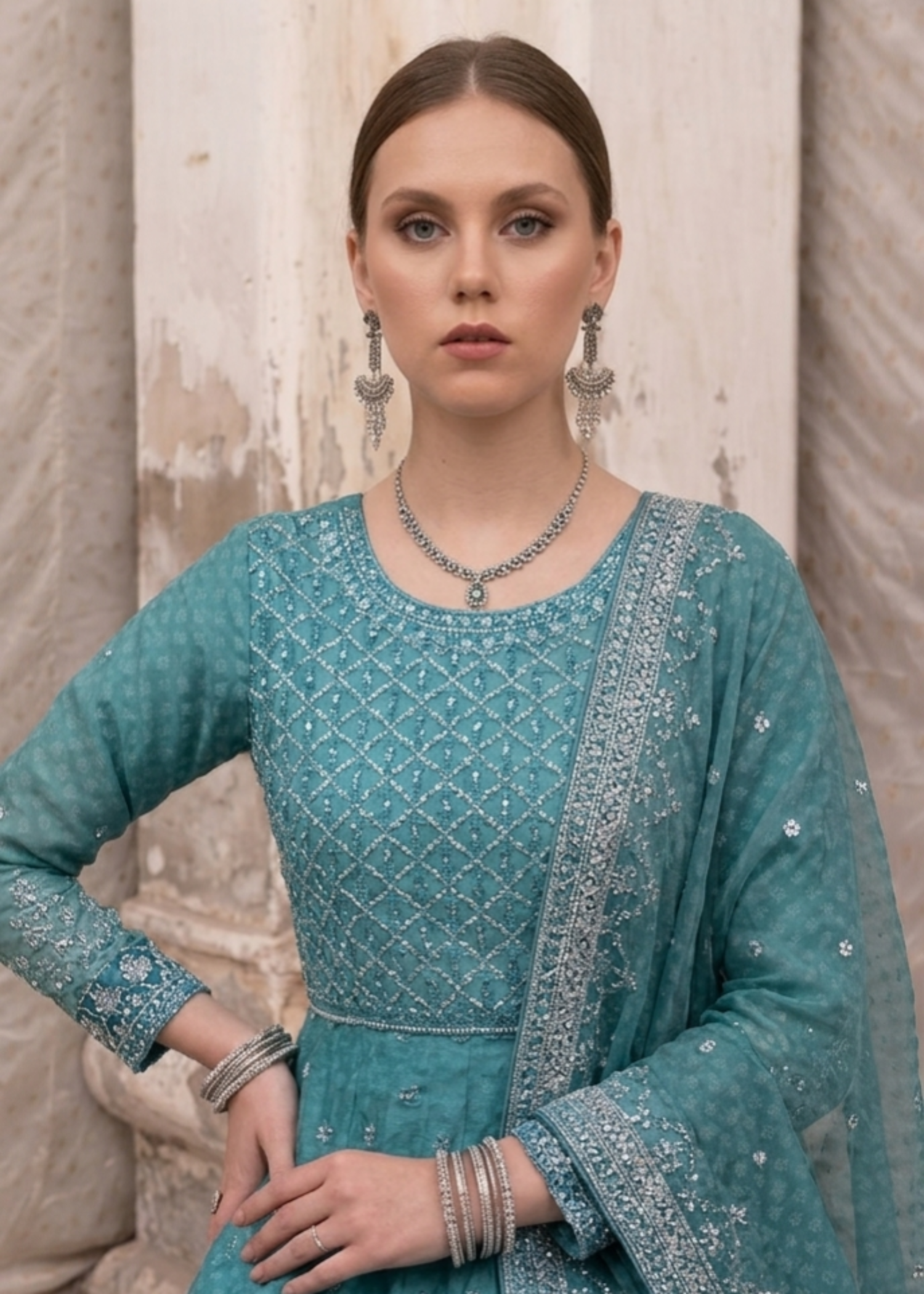Aquamarine Designer Chiffon Suit Online in Dubai DXB UAE Abudhabi Meena Bazaar