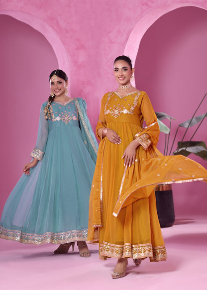 Aquamarine Embellished Chiffon Festive Suit Online in UK USA Canada