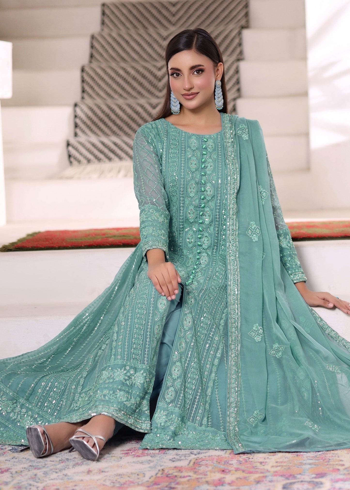 Aquamarine Embellished Chiffon Flared Pishwas Salwar Suit Online in Dubai DXB UAE Abudhabi Meena Bazaar