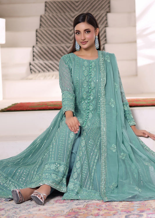 Aquamarine Embellished Chiffon Flared Pishwas Salwar Suit Online in Dubai DXB UAE Abudhabi Meena Bazaar