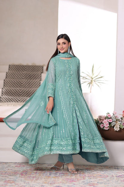 Aquamarine Embellished Chiffon Flared Pishwas Suit Online in Dubai UAE Abudhabi Ajman Sharjah