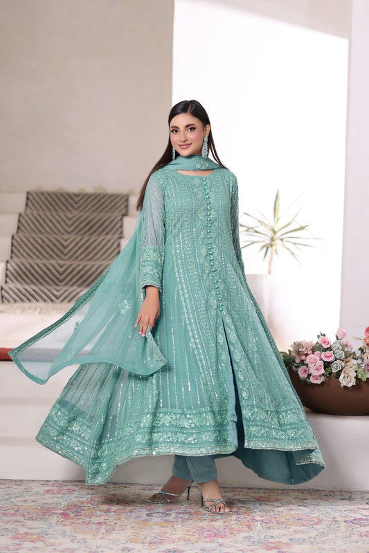 Aquamarine Embellished Chiffon Flared Pishwas Suit Online in Dubai UAE Abudhabi Ajman Sharjah