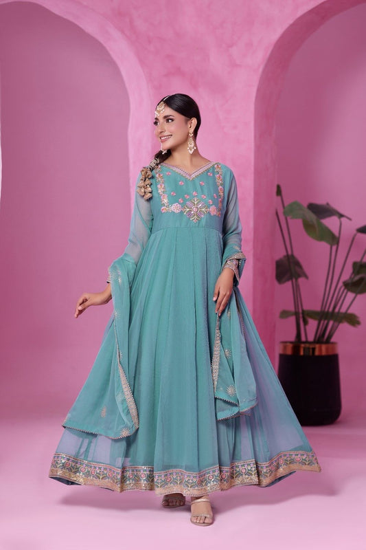 Aquamarine Embellished Chiffon Partywear Pishwas Online in Dubai UAE Abudhabi Ajman Sharjah