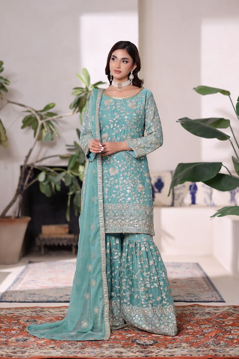 Aquamarine Embellished Chiffon Partywear Suit Online in Dubai UAE Abudhabi Ajman Sharjah
