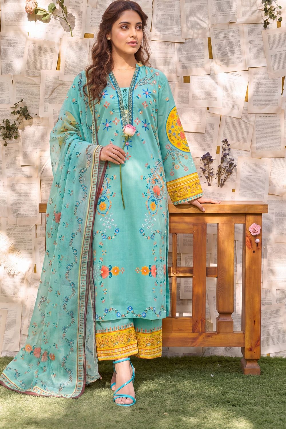 Aquamarine Embellished Lawn Salwar Suit Online in Dubai UAE Abudhabi Ajman Sharjah