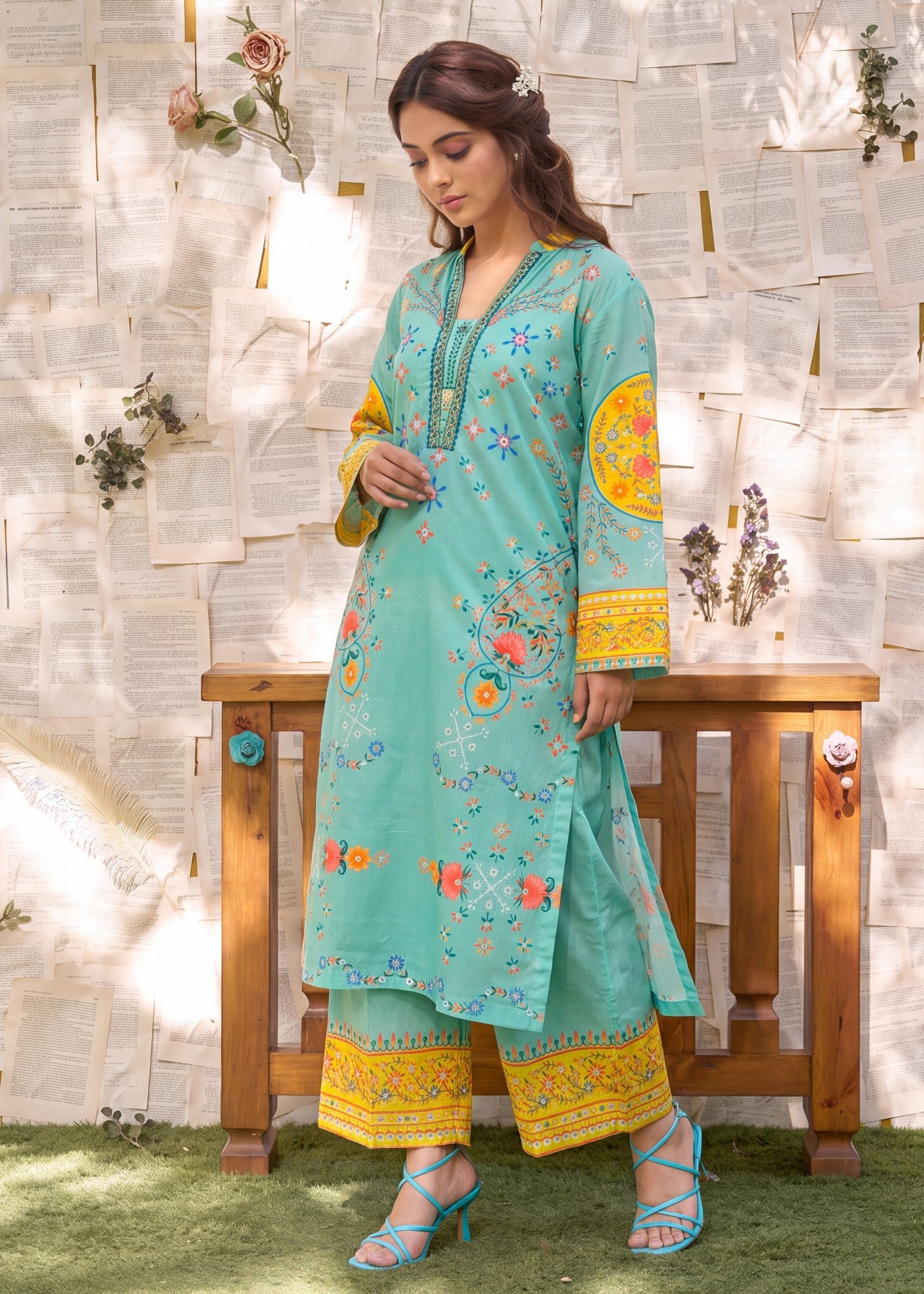 Aquamarine Embellished Lawn Suit Online in Dubai DXB UAE Abudhabi Meena Bazaar