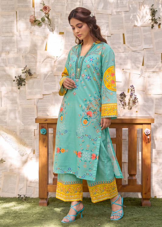 Aquamarine Embellished Lawn Suit Online in Dubai DXB UAE Abudhabi Meena Bazaar