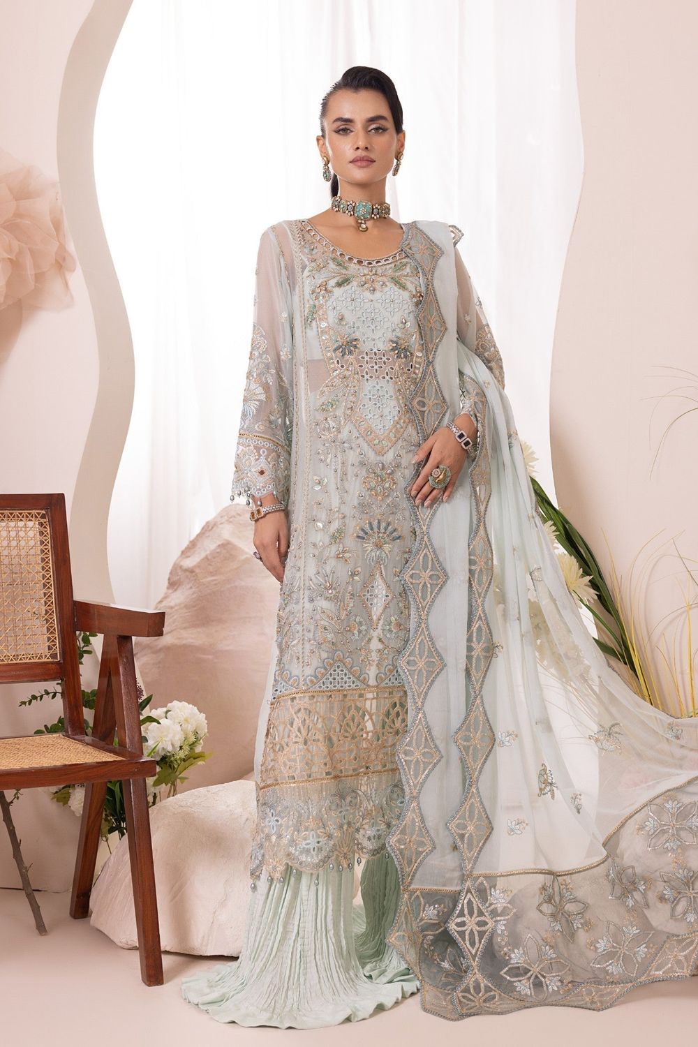 Aquamarine Embroidered Chiffon Kurti Sharara Online in Dubai UAE Abudhabi Ajman Sharjah