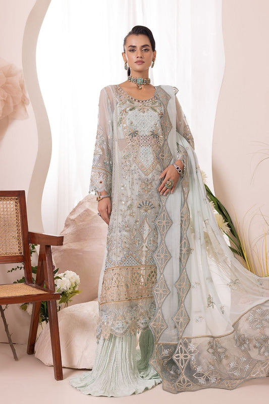 Aquamarine Embroidered Chiffon Kurti Sharara Online in Dubai UAE Abudhabi Ajman Sharjah
