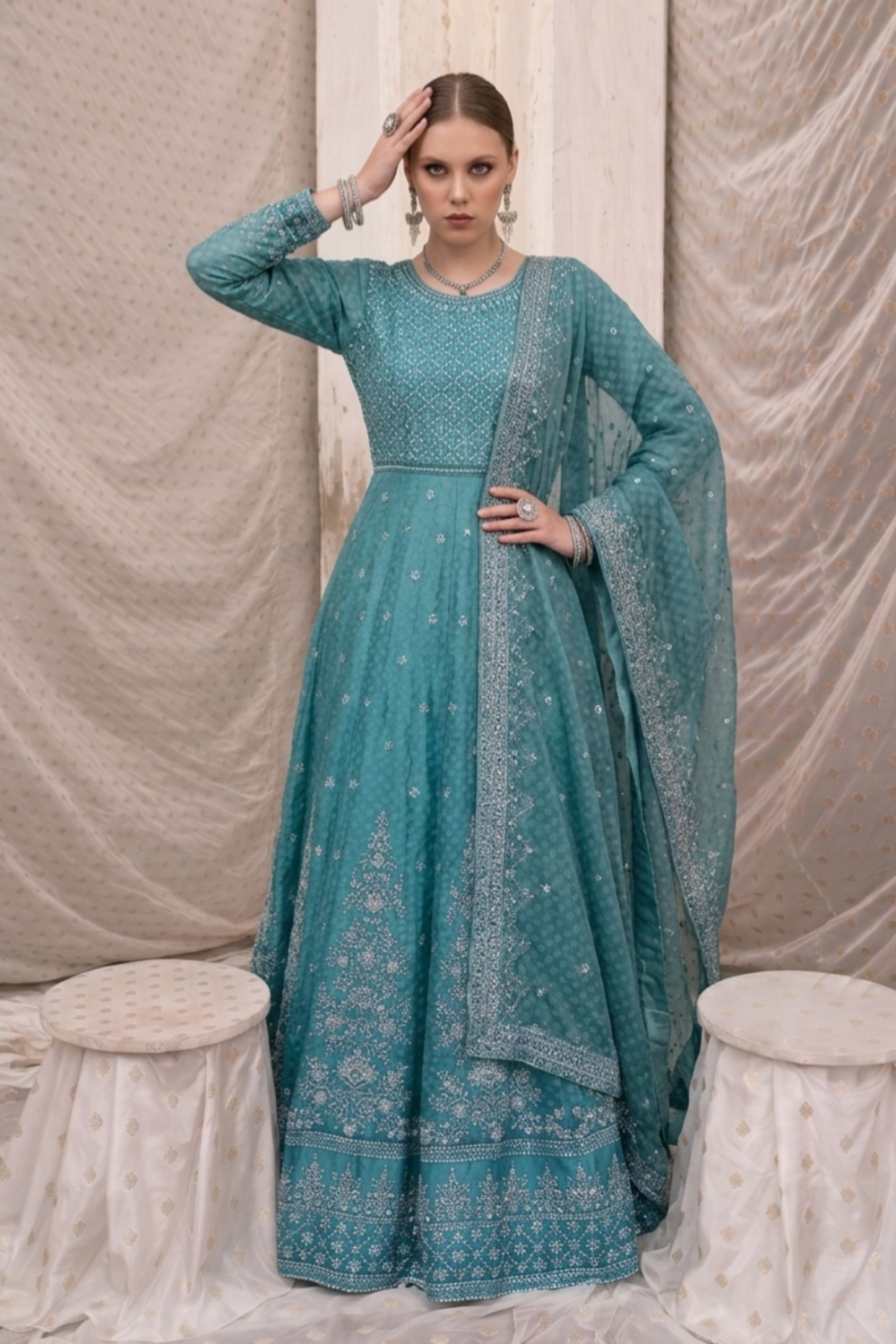 Aquamarine Embroidered Chiffon Partywear Suit Online in Dubai UAE Abudhabi Ajman Sharjah