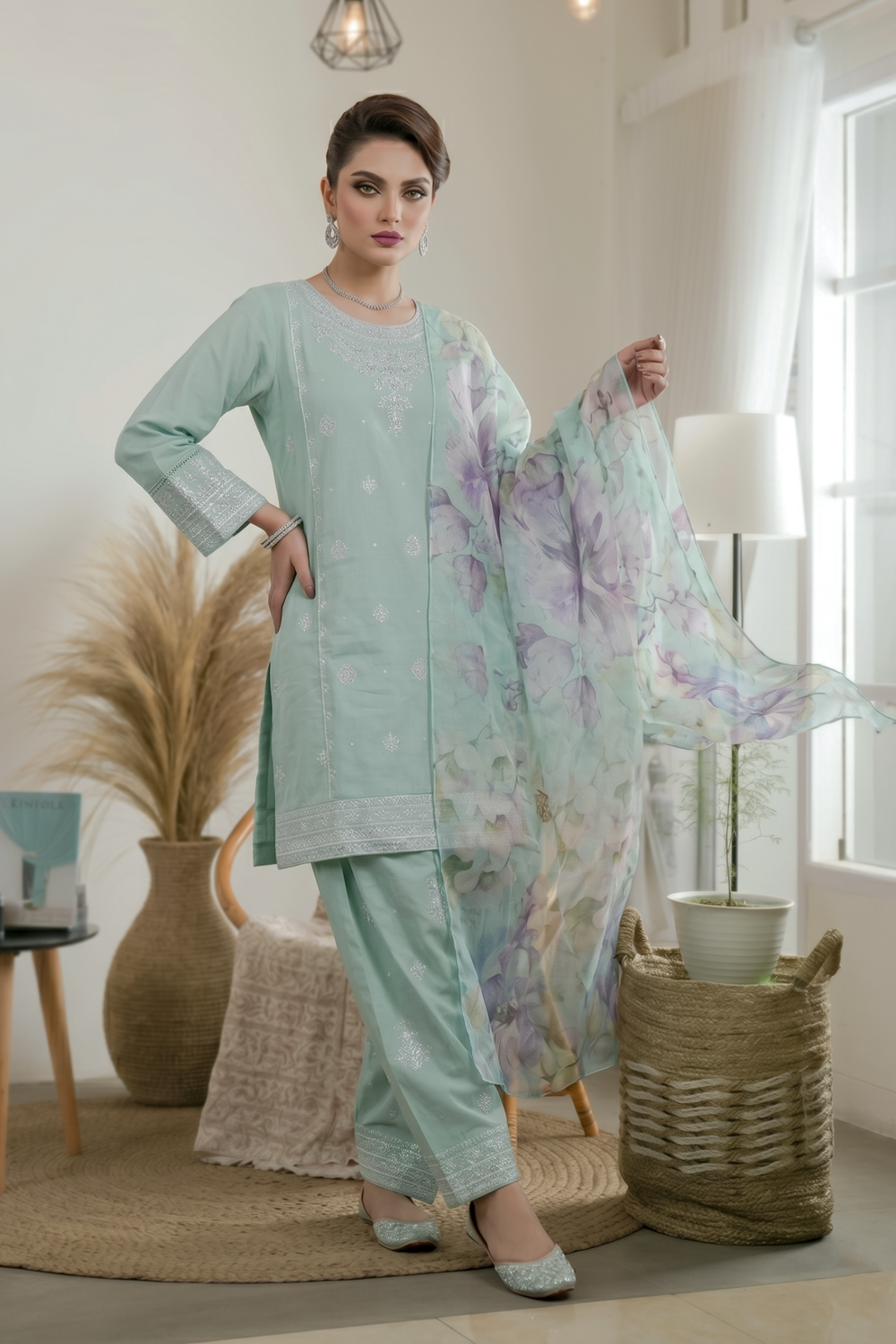 Aquamarine Embroidered Cotton Farshi Shalwar Kameez Online in Dubai UAE Abudhabi Ajman Sharjah