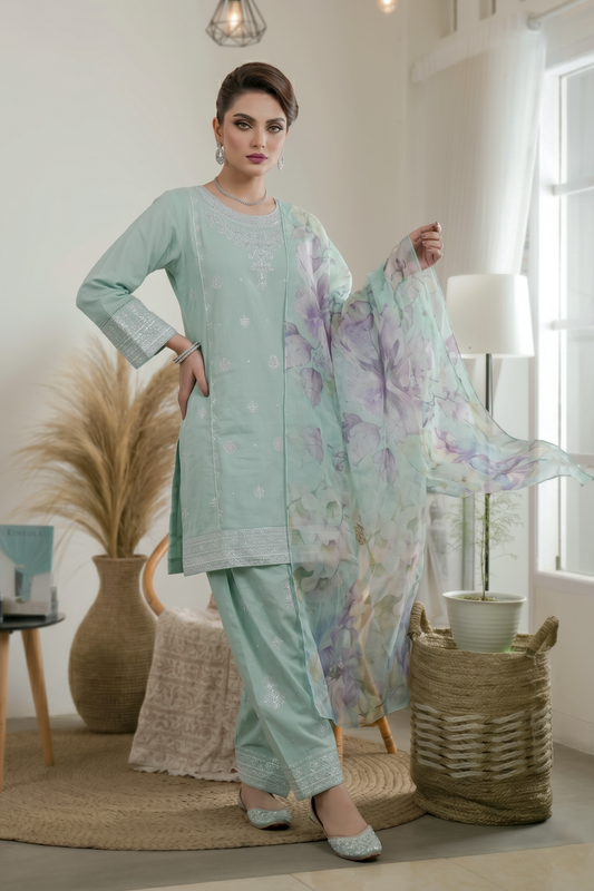 Aquamarine Embroidered Cotton Farshi Shalwar Kameez Online in Dubai UAE Abudhabi Ajman Sharjah