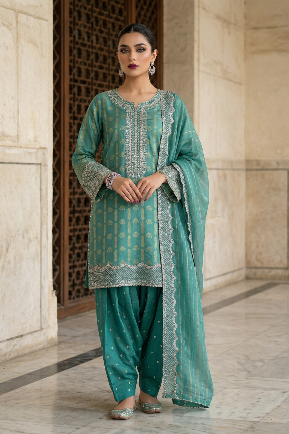 Aquamarine Embroidered Jacquard Farshi Shalwar Suit Online in Dubai UAE Abudhabi Ajman Sharjah